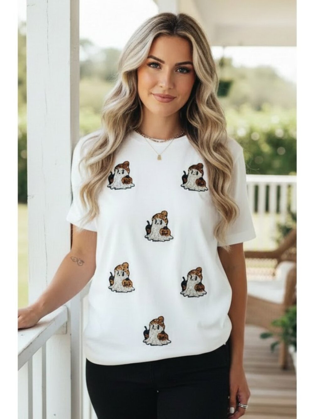 Sequin Ghost Pumpkin Embellished Top Short Sleeve Sparkling Halloween Shirt